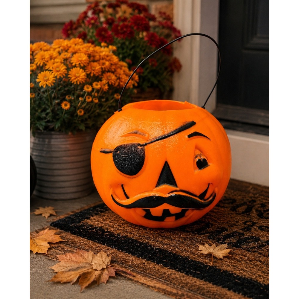 Vtg Halloween Pirate Jack O Lantern Pumpkin Blow Mold Plastic Candy Pail Bucket